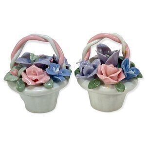 Vintage Porcelain Floral Basket Set Pink & Blue Flowers